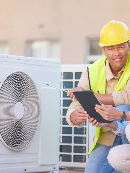Air conditioner, building maintenance and teamwork with tablet, smile and development with engineer.