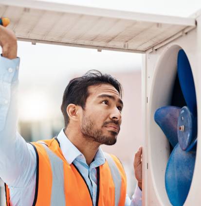 Engineer man, air conditioning and maintenance on roof, industry and inspection with thinking in ci.