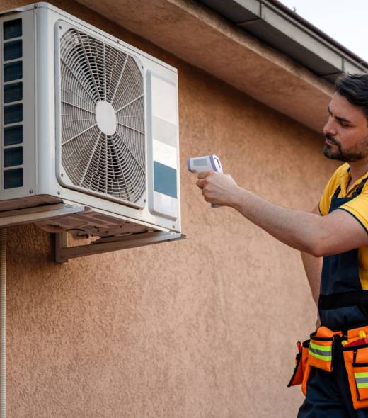 A technician is inspecting an air conditioning unit mounted outside a building during daylight hours.